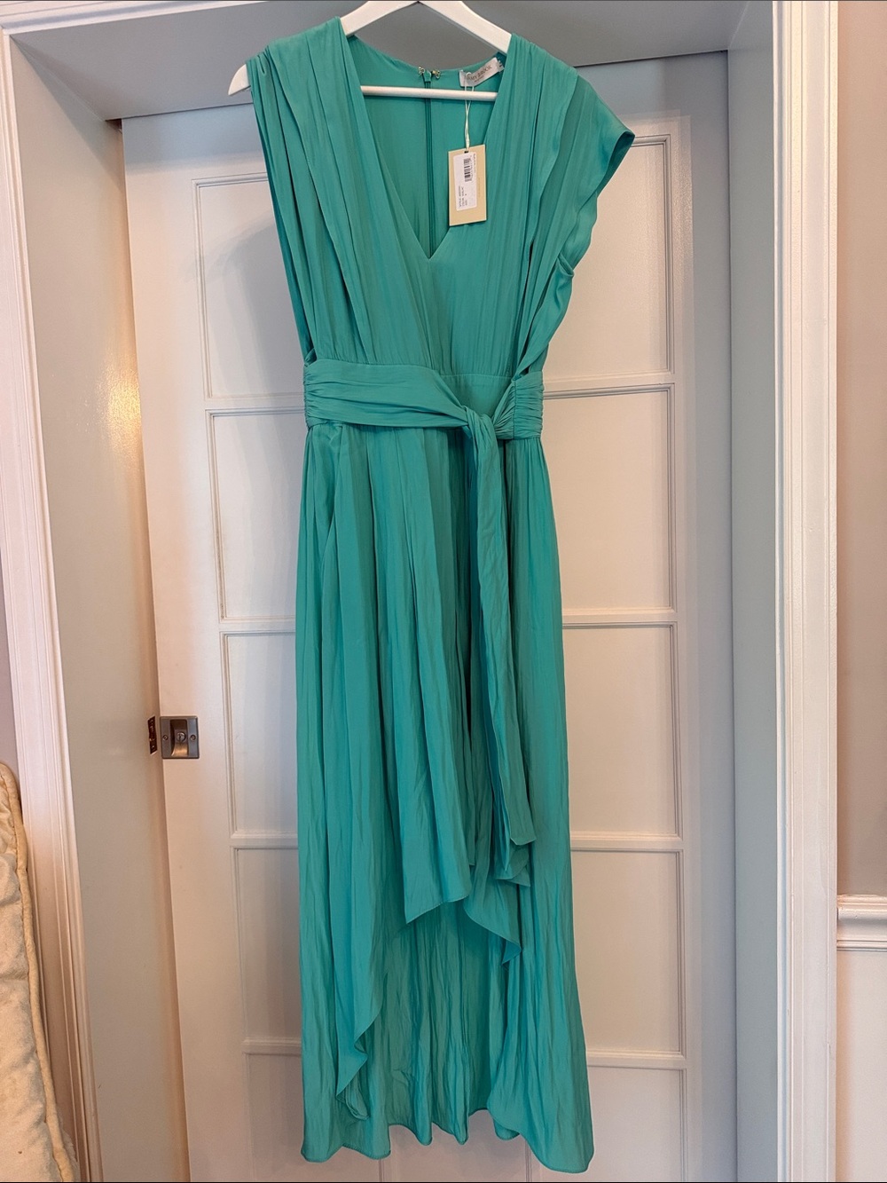 Ramy Brook Teal Pleated V-Neck High-Low Dress